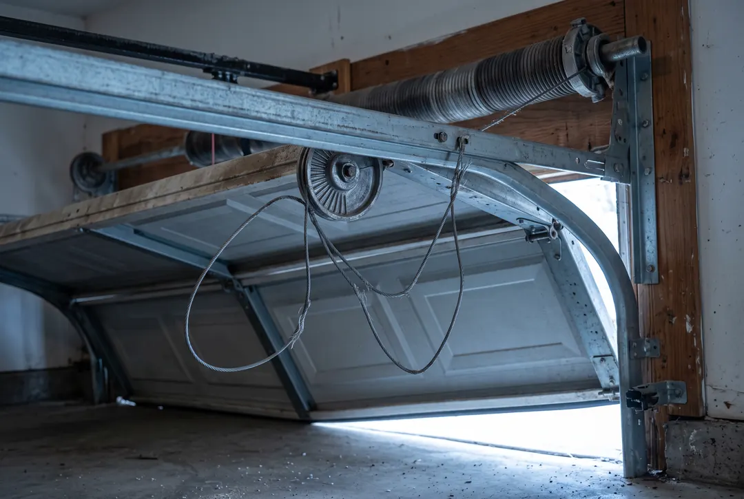 A lift cable off its drum, hanging slack, with the door sitting crooked