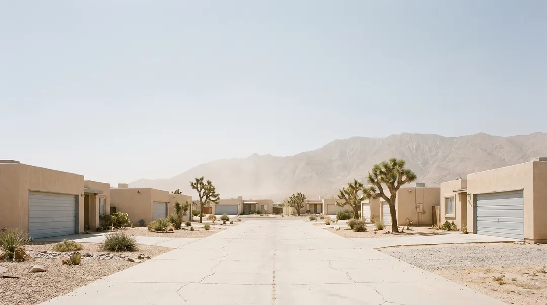 A quiet high-desert residential street of single-storey homes with attached two-car garages