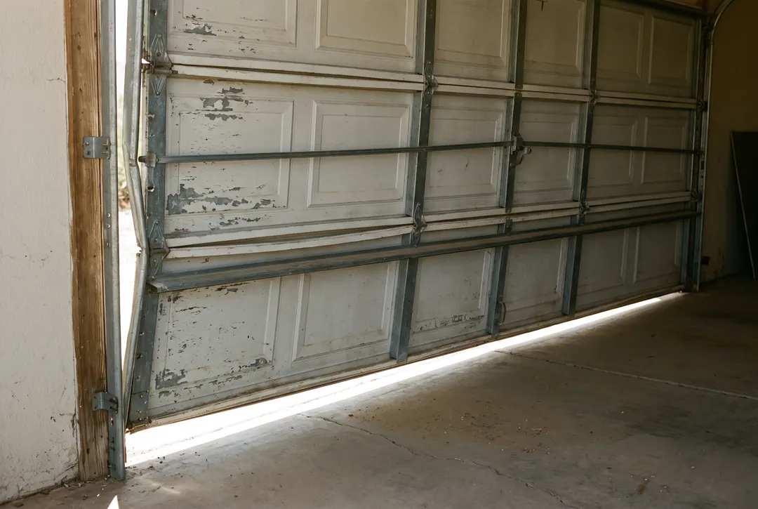A garage door sitting out of square, daylight wedging along the bottom edge
