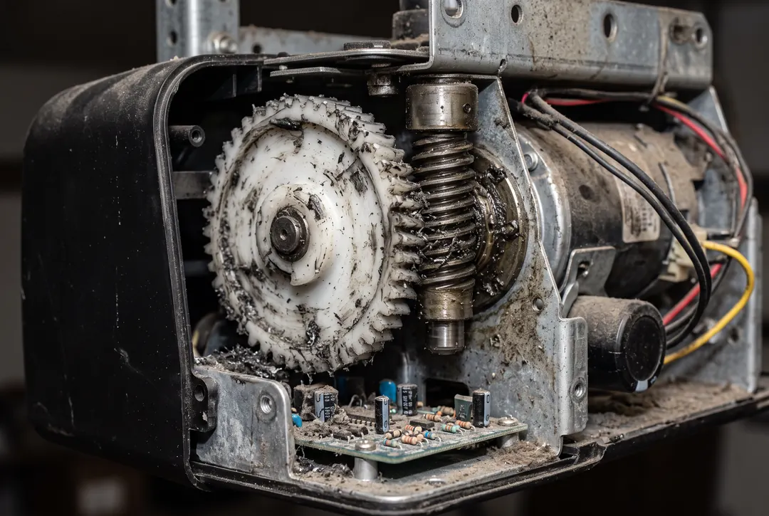 Worn nylon drive gear inside an opened garage door opener head unit