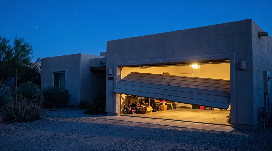 A garage door stuck fully open at night, lit by a single work light