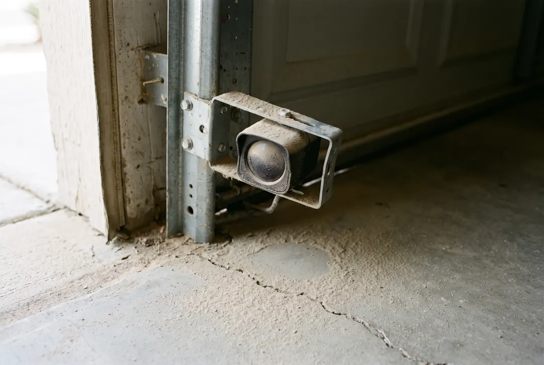 A dusty photo-eye safety sensor knocked out of line beside a door track