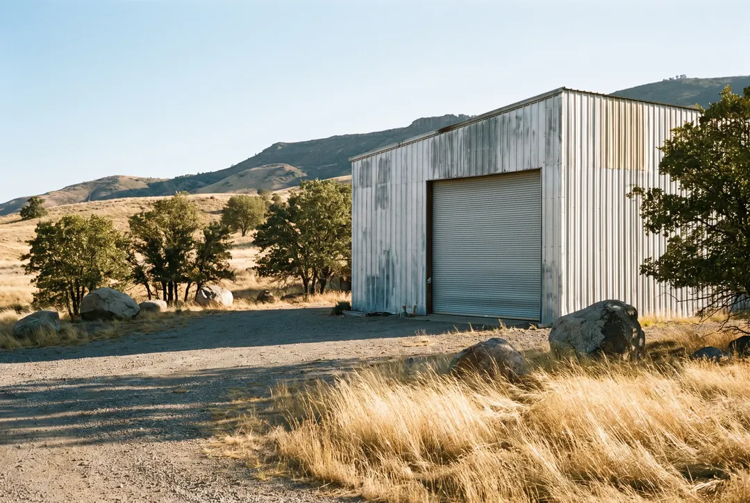 A detached workshop with an oversized roll-up door on dry foothill ground