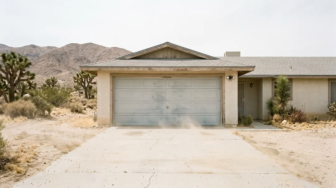 A closed two-car sectional garage door on a single-storey high-desert house, dust drifting across the driveway